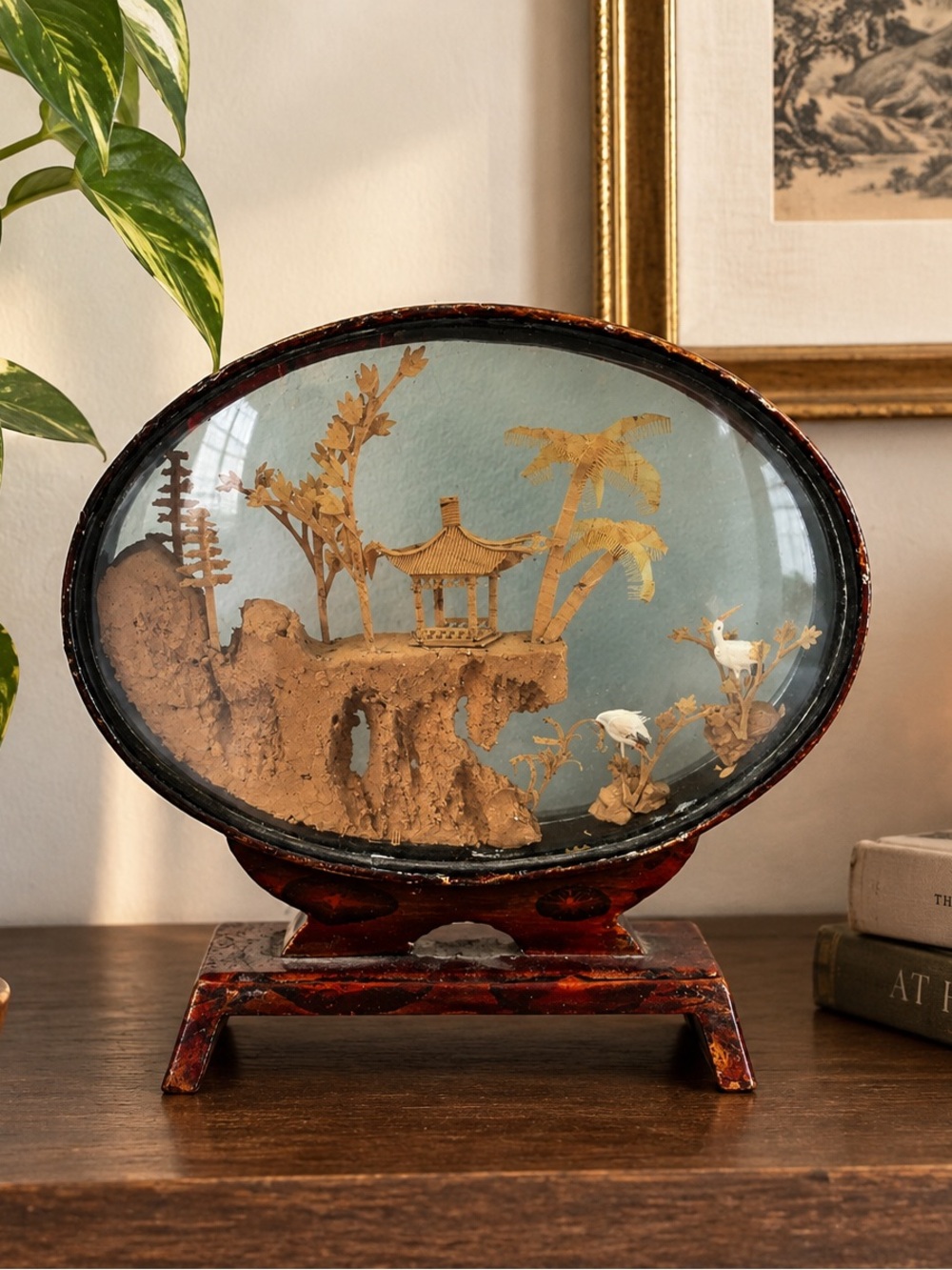 Vintage Asian Cork Art Diorama Oval Glass Display on Wood Stand